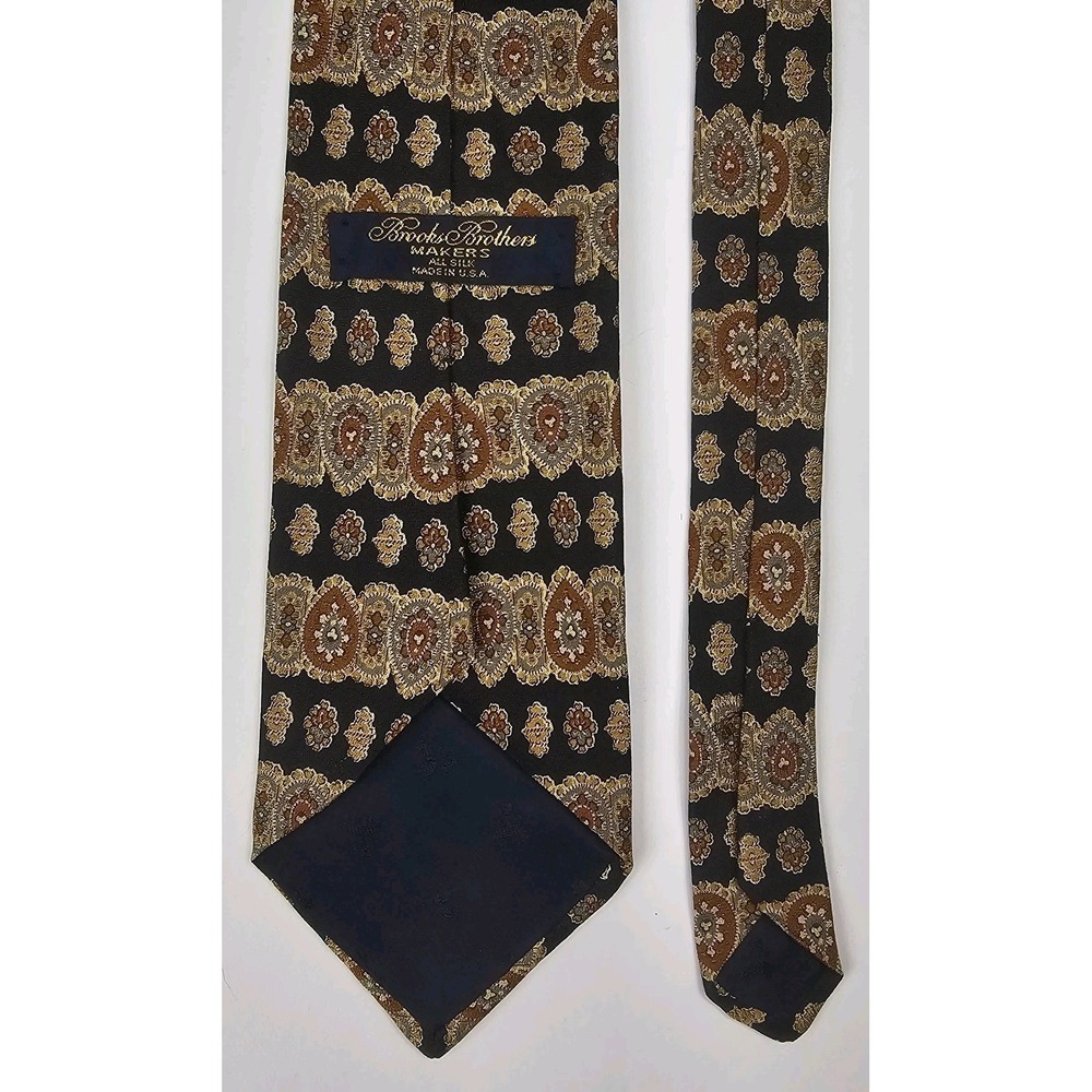 Brooks Brothers Makers Tie All‎ Silk Black Gold Tan Geometric Pattern USA - Picture 2 of 4